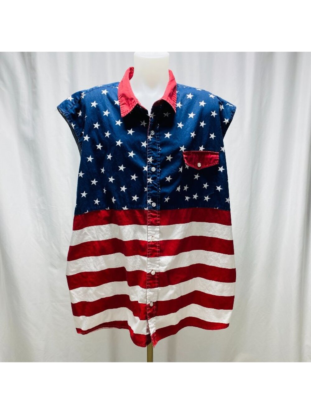 American Flag Sleeveless Button-Up Mens 4XL Shirt Patriotic Stars & Strips
